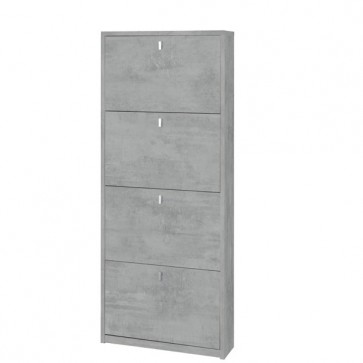 Armadio scarpiera slim con 4 ripiani a ribalta. Scarpiere armadietto salvaspazio quattro ante in legno colore cemento, dimensioni 63x18x154 cm.