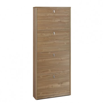 Armadio scarpiera slim con 4 ripiani a ribalta. Scarpiere armadietto salvaspazio quattro ante in legno noce stelvio, dimensioni 63x18x154 cm.