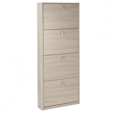 Armadio scarpiera slim con 4 ripiani a ribalta. Scarpiere armadietto salvaspazio quattro ante in legno colore olmo chiaro, dimensioni 63x18x154 cm.