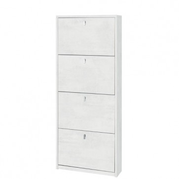 Armadio scarpiera slim con 4 ripiani a ribalta. Scarpiere armadietto salvaspazio quattro ante in legno colore bianco ossido, dimensioni 63x18x154 cm.
