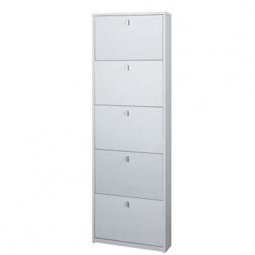 Armadio scarpiera slim con 5 ripiani a ribalta. Scarpiere armadietto salvaspazio cinque ante in legno colore bianco fiammato, dimensioni 63x18x190 cm.