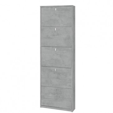 Armadio scarpiera slim con 5 ripiani a ribalta. Scarpiere armadietto salvaspazio cinque ante in legno colore cemento, dimensioni 63x18x190 cm.
