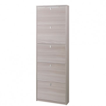 Armadio scarpiera slim con 5 ripiani a ribalta. Scarpiere armadietto salvaspazio cinque ante in legno colore olmo chiaro, dimensioni 63x18x190 cm.