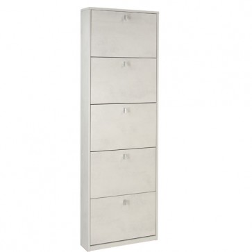 Armadio scarpiera slim con 5 ripiani a ribalta. Scarpiere armadietto salvaspazio cinque ante in legno colore bianco ossido, dimensioni 63x18x190 cm.