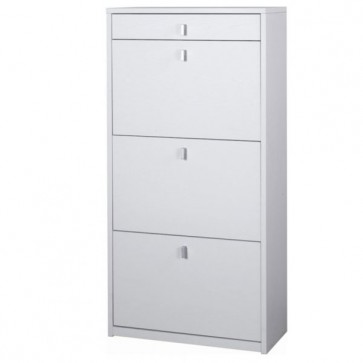 Armadio scarpiera slim con 3 ripiani a ribalta e un cassetto. Scarpiere armadietto salvaspazio tre ante in legno colore bianco fiammato