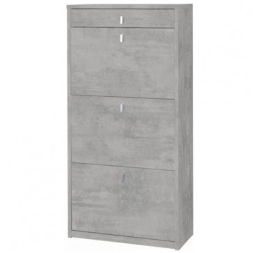 Armadio scarpiera slim con 3 ripiani a ribalta e un cassetto. Scarpiere armadietto salvaspazio tre ante in legno colore cemento