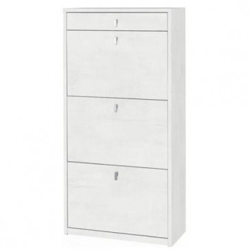 Armadio scarpiera slim con 3 ripiani a ribalta e un cassetto. Scarpiere armadietto salvaspazio tre ante in legno colore bianco opaco