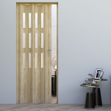 Porte interne a soffietto moderne, porta a scomparsa colore rovere cognac chiaro con vetro satinato per gli interni della casa. Dimensioni 88,5x214 cm
