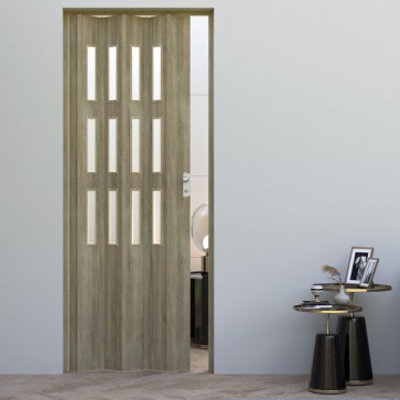 Porte interne a soffietto moderne, porta a scomparsa colore rovere cognac scuro con vetro satinato per gli interni della casa. Dimensioni 88,5x214 cm