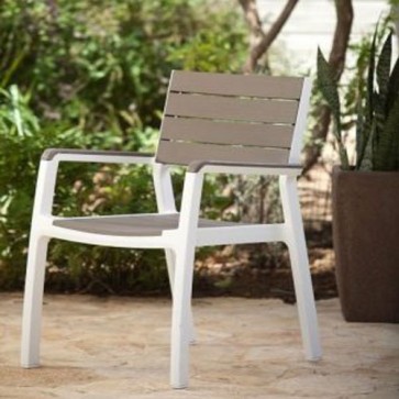 Poltrona da giardino in resina antiurto effetto polirattan, poltrone da esterno tortora in polipropilene ideale anche per interno in cucina.