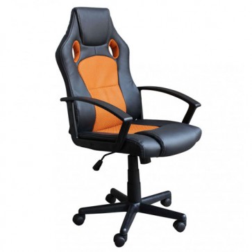 Poltrona ufficio ergonomica professionale in similpelle arancione e nera. Poltrone gaming economiche per scrivania, con braccioli, schienale e ruote.