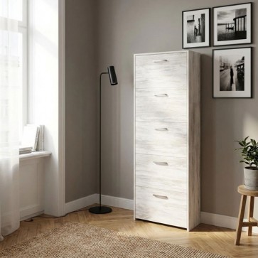 Armadio scarpiera con 5 ripiani a ribalta, alta 165 cm. Scarpiere salvaspazio in legno cinque ante colore bianco, ideali per scarpe e stivali.