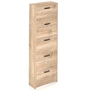 Armadio scarpiera con 5 ripiani a ribalta, alta 165 cm. Scarpiere salvaspazio in legno cinque ante colore rovere, ideali per scarpe e stivali.