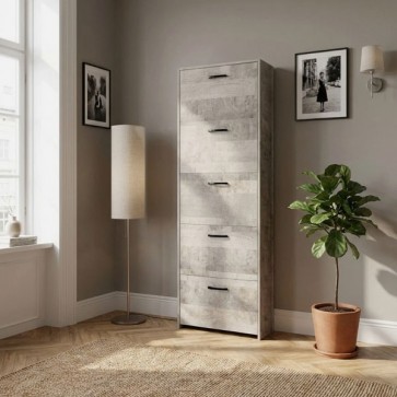 Armadio scarpiera con 5 ripiani a ribalta, alta 165 cm. Scarpiere salvaspazio in legno cinque ante colore rovere, ideali per scarpe e stivali.
