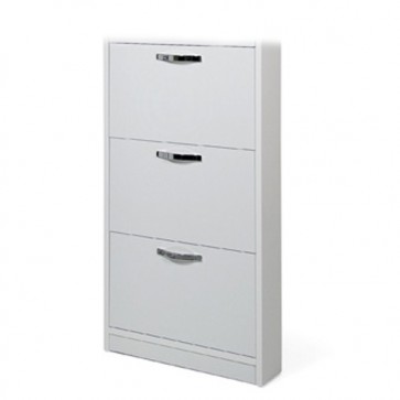 Armadio scarpiera con 3 ripiani a ribalta, alta 108 cm. Scarpiere salvaspazio in legno tre ante colore bianco frassinato, ideali per scarpe e stivali.