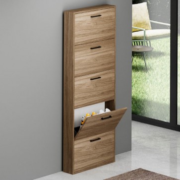 Armadio scarpiera slim con 5 ripiani a ribalta, alta 180 cm. Scarpiere salvaspazio in legno 5 ante noce naturale, ideali per scarpe e stivali.