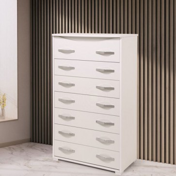 Cassettiera bianco frassinato con 7 cassetti in legno nobilitato. Mobile settimini ideale per camerette e camera da letto