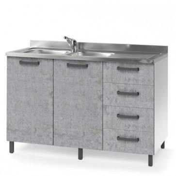 Sottolavello cucina montato con ante cemento 120 cm. Mobili sottolavelli per cucine componibili con quattro cassetti, lavello e miscelatore. 