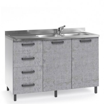 Sottolavello cucina montato con ante cemento 120 cm. Mobili sottolavelli per cucine componibili con quattro cassetti, lavello e miscelatore. 