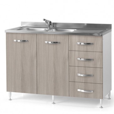 Sottolavello cucina montato con ante olmo 120 cm. Mobili sottolavelli per cucine componibili con quattro cassetti, lavello e miscelatore. 