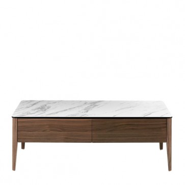 Tavolino rettangolare salone dal design moderno con piano in marmo, tavolini realizzati in legno impiallacciato noce.