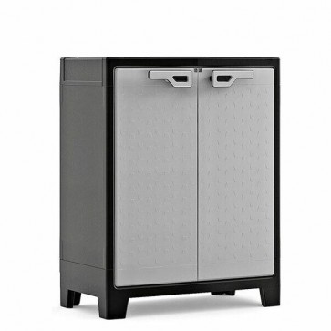 Armadio tuttopiani da esterno grigio con 2 ripiani regolabili. Armadietto multiuso da giardino nero con predisposizione per lucchetto, misure H100x80x44 