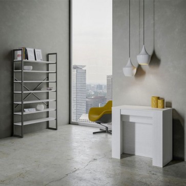 Tavolo consolle bianco frassino allungabile fino a 296 cm. Tavoli consolle allungabili con quattro prolunghe in legno, ideali in cucina e sala da pranzo.