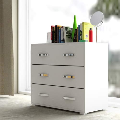 Cassettiera cameretta bianco frassinato con 3 cassetti in legno nobilitato.  Mobile settimino ideale per camerette e