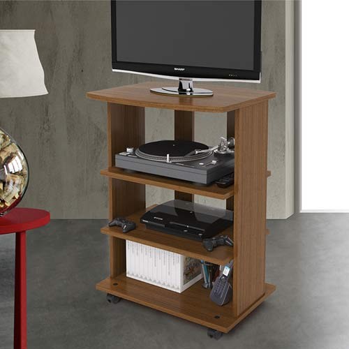 Mobile porta Pc e stampante in legno di colore noce. Carrello mobiletto  porta tv con ruote e mensole per camerette, dimensioni 81x60x45 cm.