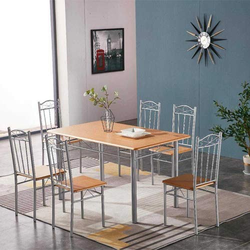 Tavolo E Sedia Da Cucina Con Struttura In Acciaio E Mdf Set Tavoli Completo Di 6 Sedie Da Pranzo In Legno Chiaro