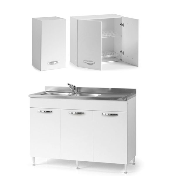 Mobile cucina componibile bianco frassinato con sottolavello a 3 ante 120  cm, pensile e scolapiatti. Mobili sottolavelli per cucine componibili,  completi di lavello acciaio inox e miscelatore.