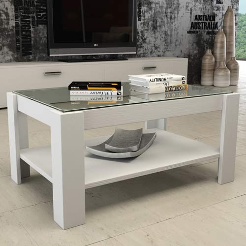 Tavolino salotto in legno bianco frassinato e piano in vetro, tavolini  soggiorno design moderni misura 90x60x41 cm.