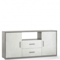 Mobile porta TV soggiorno con due cassetti. Cassettiera ufficio cemento con due ante bianche, dimensioni 174x41x84 cm.