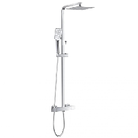 Colonna doccia a ponte in acciaio cromato. Colonne bagno con soffione rettangolare superiore e miscelatore termostatico.