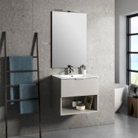 Mobile bagno moderno sospeso One avana pietra. Mobili sospesi in legno, completo di specchio, illuminazione LED e lavabo.