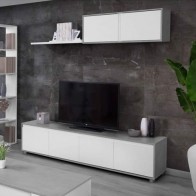 Mobile porta TV basso Fores dal design moderno. Parete attrezzata moderna bianca con pensile e una mensola