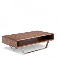  Tavolino rettangolare salotto dal design moderno con piano in legno impiallacciato in noce naturale, tavolini per salone con base in acciaio cromato.