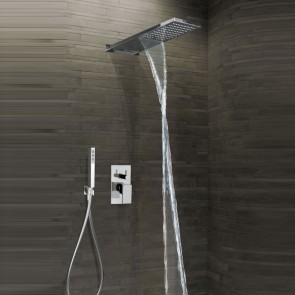 Kit 500 Classic completo di soffione doccia rettangolare in acciaio inox con cascata, mix incasso con deviatore 3 uscite e kit doccia con supporto doccetta