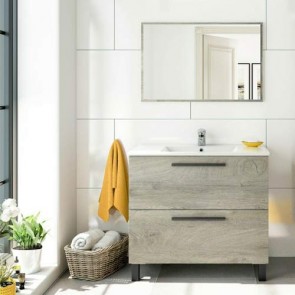Mobile bagno moderno Athena con due cassettoni in rovere. Mobili bagno Fores in legno completo di specchio, dimensioni 80x45x80h cm.