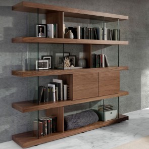 Libreria design in vetro per casa e ufficio. Librerie classiche e moderne con ripiani in legno impiallacciato noce e cassetti a chiusura ammortizzata.
