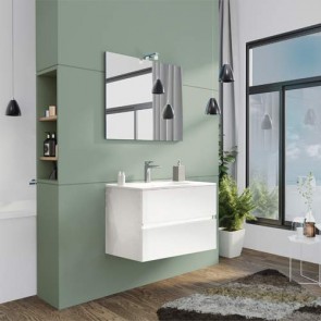Mobile bagno moderno sospeso Splash. Mobili Fores sospesi in legno, colore bianco completo di specchio, illuminazione LED e lavabo.