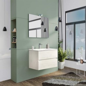 Mobile bagno moderno sospeso Splash. Mobili Fores sospesi in legno, colore rovere bianco completo di specchio, illuminazione LED e lavabo.