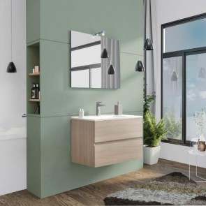 Mobile bagno moderno sospeso Splash. Mobili Fores sospesi in legno, colore rovere grigio completo di specchio, illuminazione LED e lavabo.