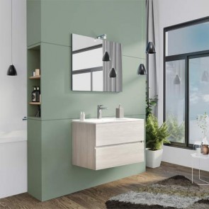 Mobile bagno moderno sospeso Splash. Mobili Fores sospesi in legno, colore rovere fumo completo di specchio, illuminazione LED e lavabo.