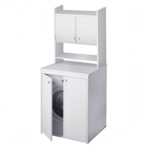 Mobile bagno sopralavatrice in resina. Mobili lavanderia bianco in PVC con pensile a 2 ante e ripiano a giorno, dimensioni H79x65x26 cm