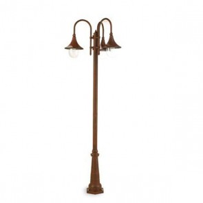 Lampada palo alto tre luci E27, lampione per giardino 3 lampadine colore ruggine. Lampade pali da esterno della linea lampara.