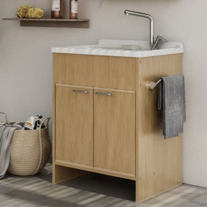 Kit mobile lavatoio di colore frassino in PVC antiacido, misure 60x50x85H cm. Lavatoio lavanderia con vasca lavaggio in polipropilene, ideale anche per l'esterno. 