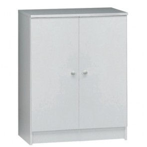 Armadio basso multiuso con ripiano regolabile, dimensioni 62x34x80 cm. Mobile armadietto 2 ante in legno colore bianco, ideale anche come scarpiera.