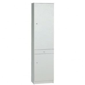 Mobile scarpiera multiuso con cassetto e 3 ripiani regolabili. Armadio scarpiere due ante in legno bianco, ideale in lavanderia o in cucina come dispensa.
