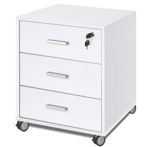 Cassettiera scrivania ufficio con 3 cassetti bianco fiammato. Cassettiere scrivanie in legno per arredamento camerette con serratura e ruote. 